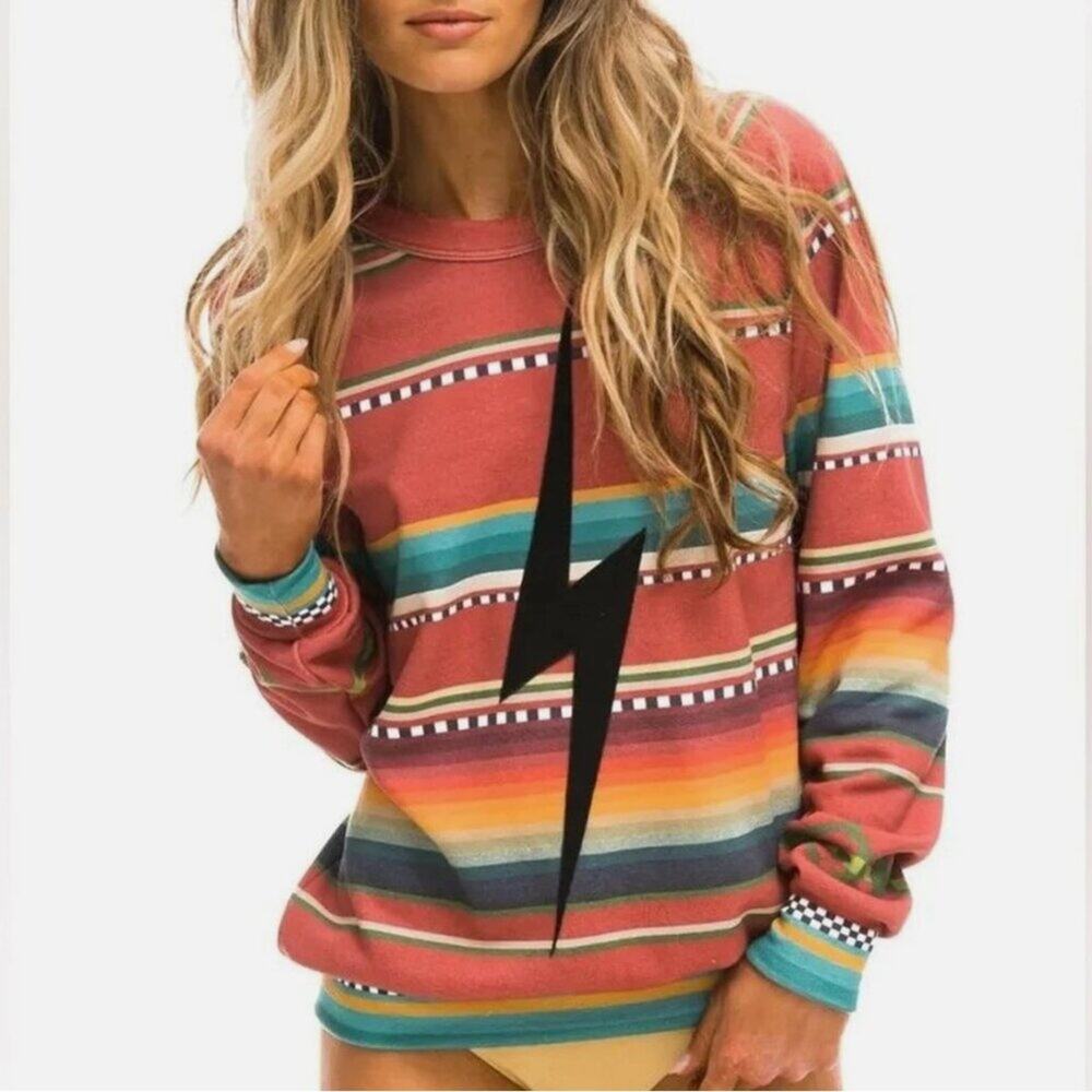 Aviator Nation Red Multi-Stripe Lightning Bolt Sweatshirt